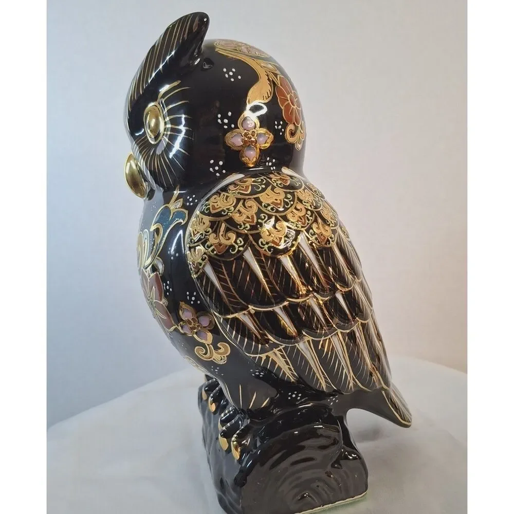 Japanese Kutani Owl Porcelain Figurine Mori Gold Painted Fukuro Lucky Owl Vintag
